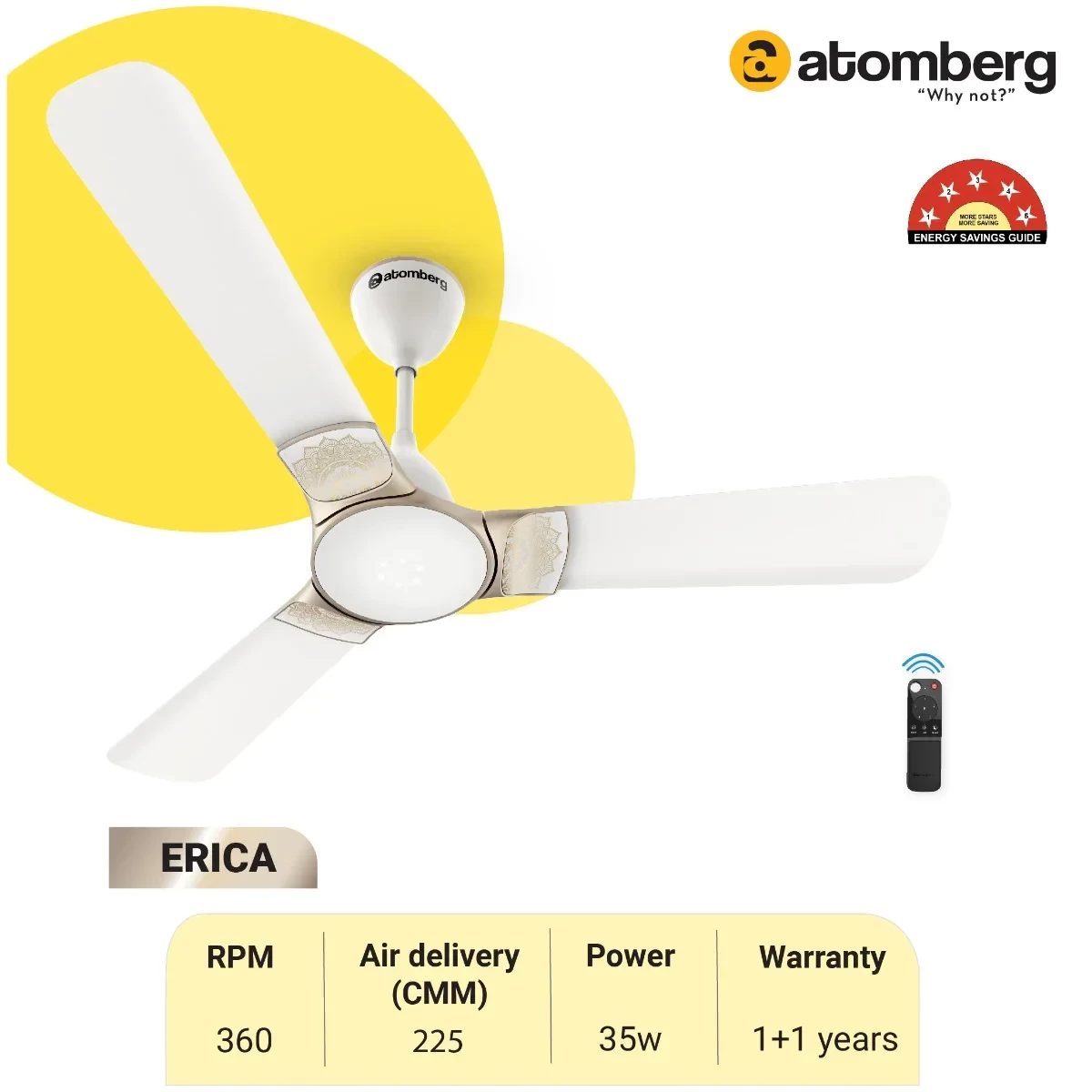 Atomberg Erica 48'' 35 Watt BLDC Motor Energy Saving Anti-Dust Speed Indicator Light Ceiling Fan With Remote Control ( Snow White ) AT-110