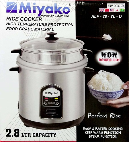 Miyako 2.8 Litter Automatic Rice Cooker - Double Pot with Glass Lid - ASL-28-YLD
